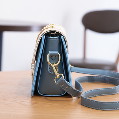 Geometric Embroidered Flap Square Bag - Chic Crossbody with Stylish Chain, Magnet Closure, and Bag Charm