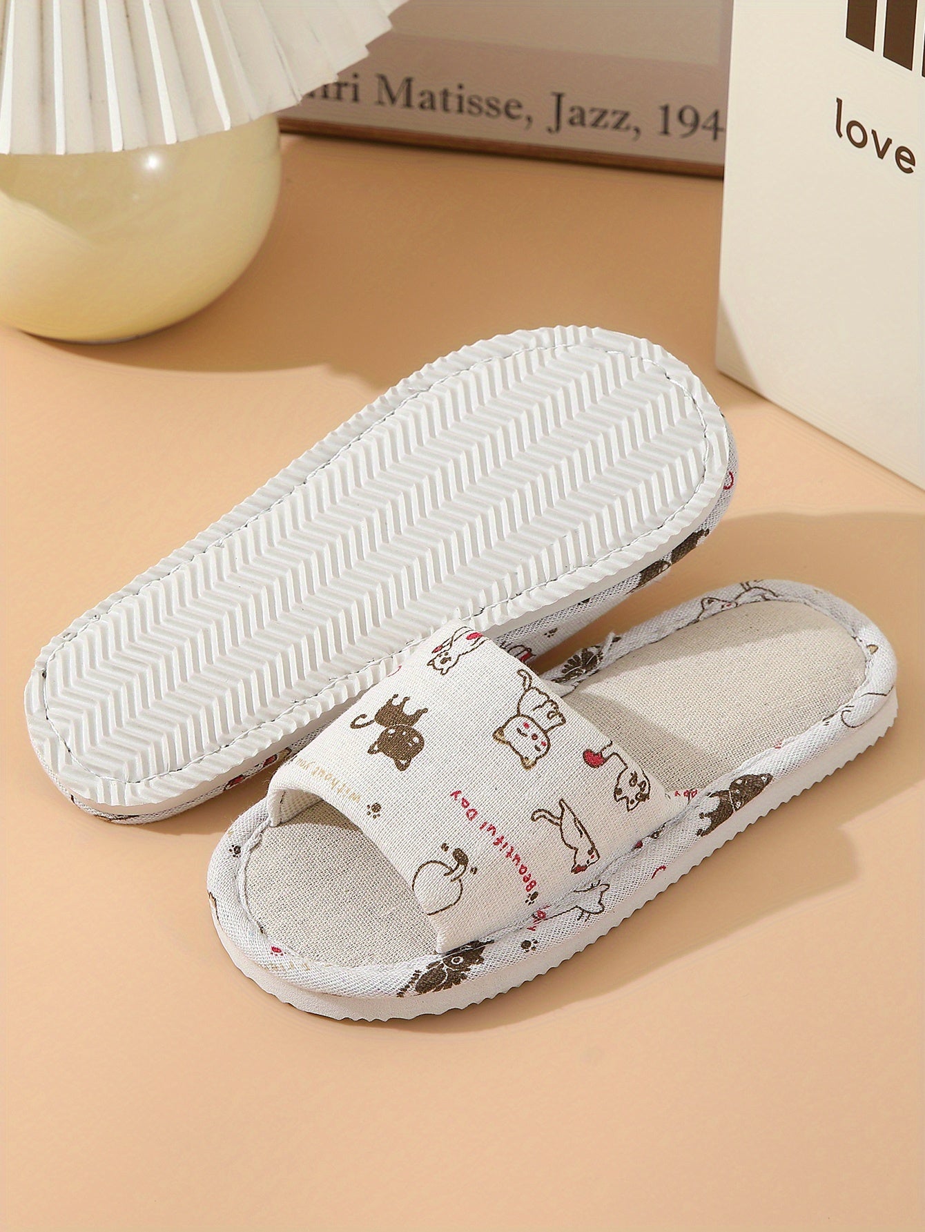 Adorable Cartoon Cat Print Flat Slippers - Slip-On Open-Toe Non-Slip Lightweight Casual Slides Shoes for Home Comfort - Comfy, Breathable, and Soft Cartoon Character Design