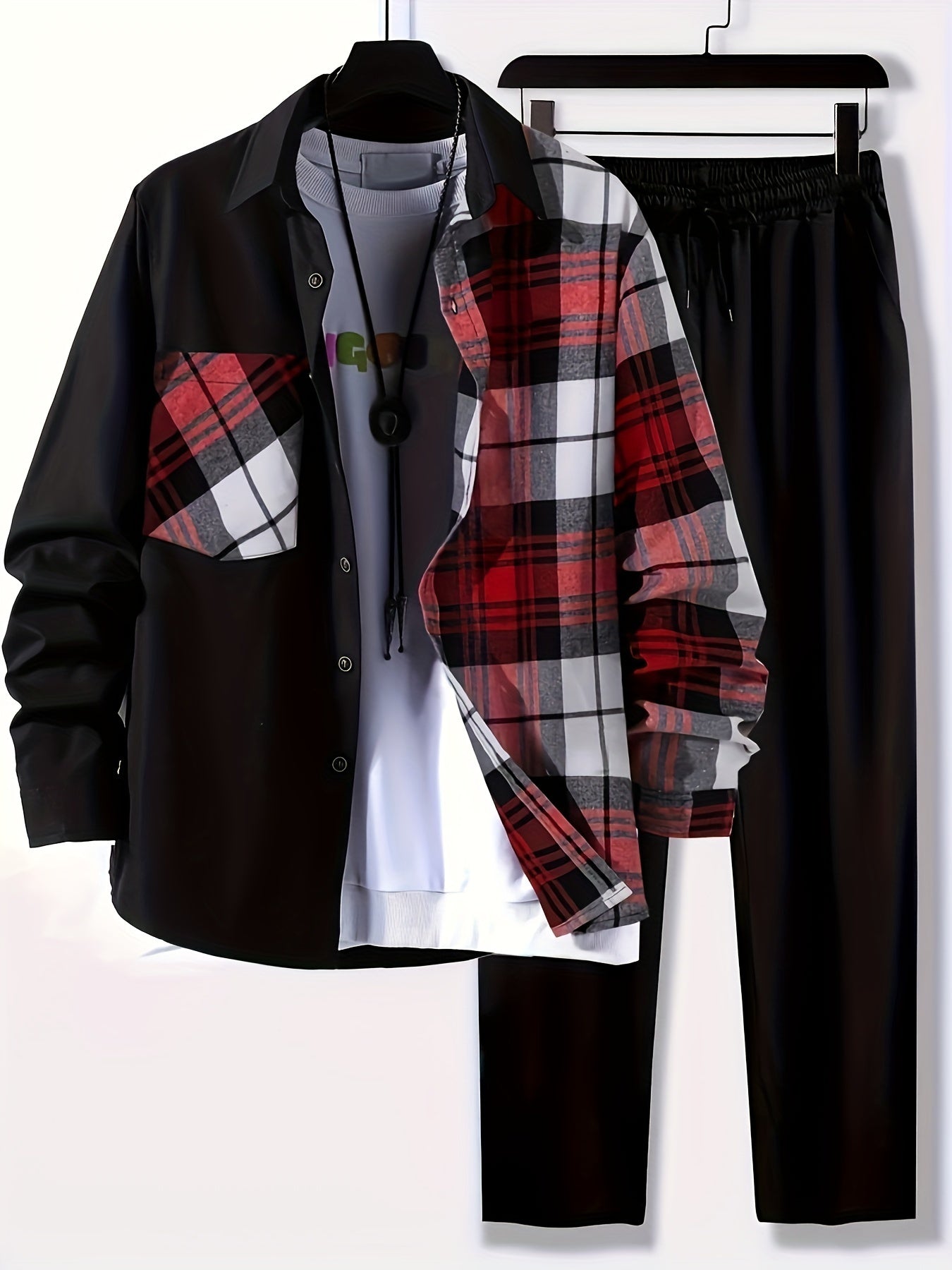 Plus Size Men's Plaid Shirt & Pants Set For Spring/autumn, Oversized Loose Fit 2Pcs Outfits For Workout/outdoor, Men's Clothing