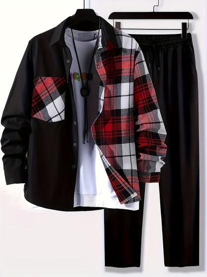 Plus Size Men's Plaid Shirt & Pants Set For Spring/autumn, Oversized Loose Fit 2Pcs Outfits For Workout/outdoor, Men's Clothing