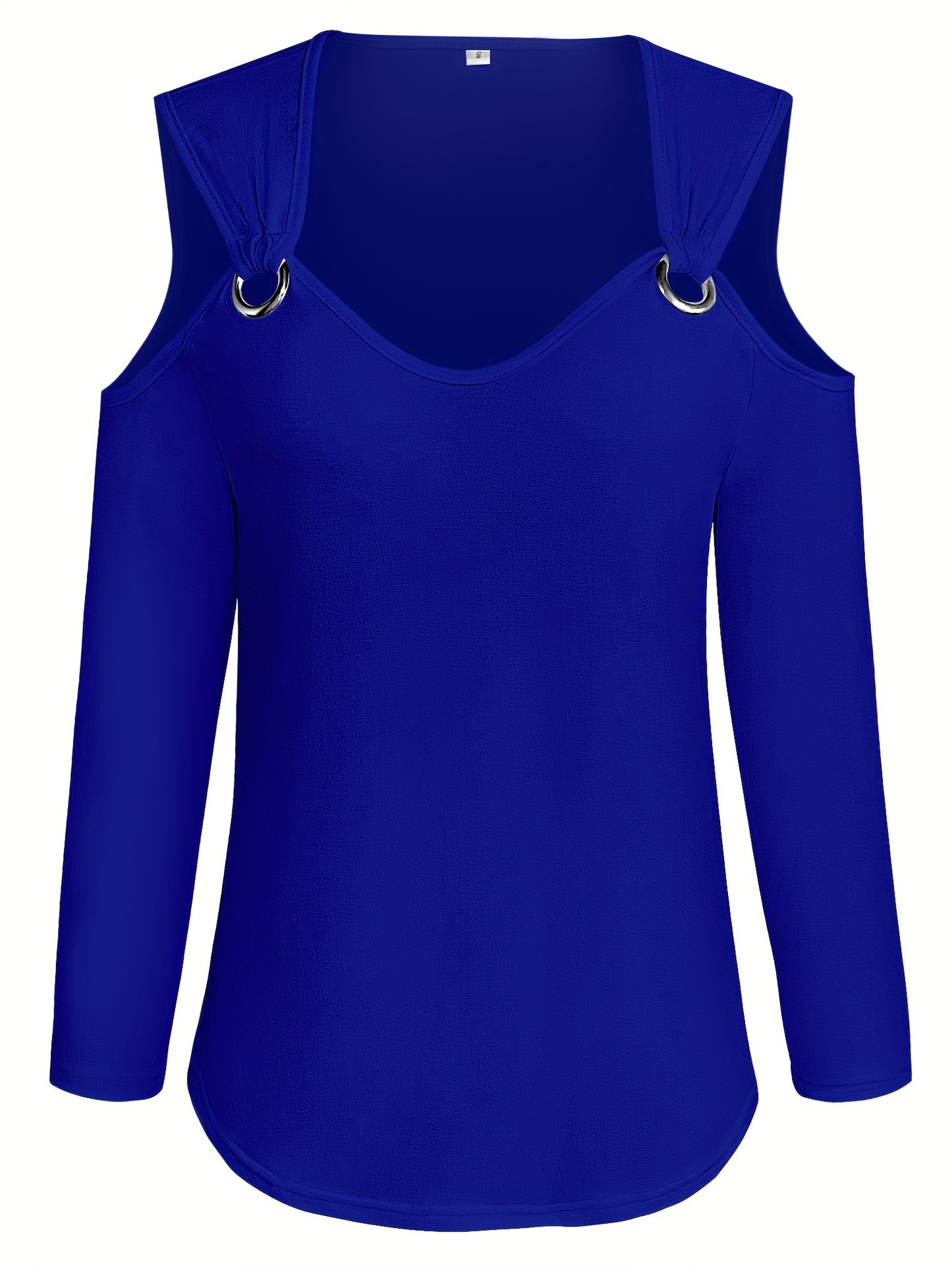 Solid Ring Detail Crew Neck T-Shirt, Casual Cold Shoulder Long Sleeve Top For Spring & Fall, Women's Clothing