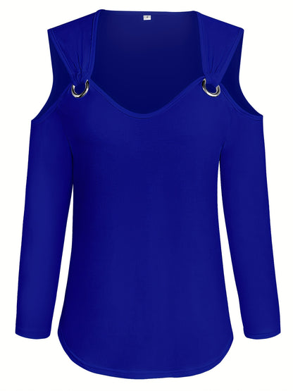 Solid Ring Detail Crew Neck T-Shirt, Casual Cold Shoulder Long Sleeve Top For Spring & Fall, Women's Clothing