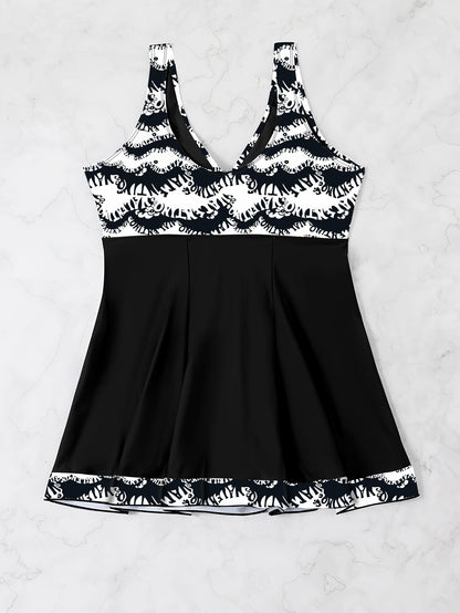 Plus Size Womens Vibrant Floral Print Tie Front V Neck One Piece Swimsuit - High Stretch, Comfortable, Vacation Essential - Polyester Knit Fabric, Random Printing, No Sheer