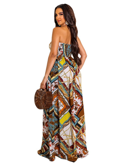 Allover Print Tube Jumpsuit, Casual Off Shoulder Wide Leg Jumpsuit, Women's Clothing