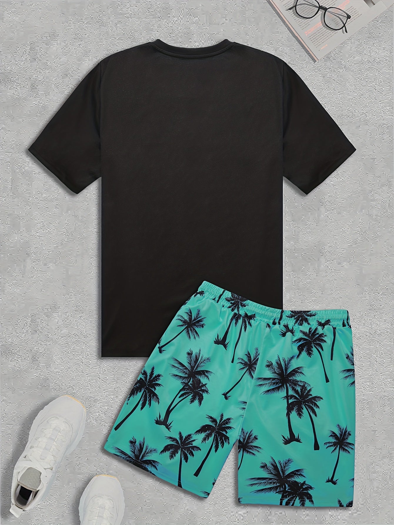 2Pcs Men's Tropical Coconut Tree Print Casual Outfits - Crew Neck Short Sleeve T-shirt & Drawstring Shorts Set - For Summer Vacation & Resorts - Men's Clothing