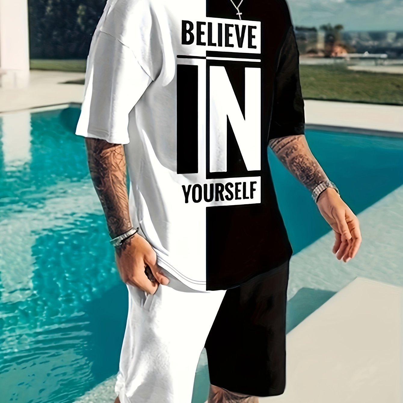 Believe In Yourself Print, Men's 2Pcs Outfits, Casual Crew Neck Short Sleeve T-shirt And Drawstring Shorts Set For Summer, Men's Clothing