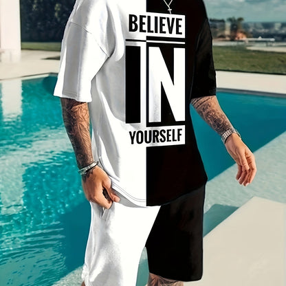 Believe In Yourself Print, Men's 2Pcs Outfits, Casual Crew Neck Short Sleeve T-shirt And Drawstring Shorts Set For Summer, Men's Clothing