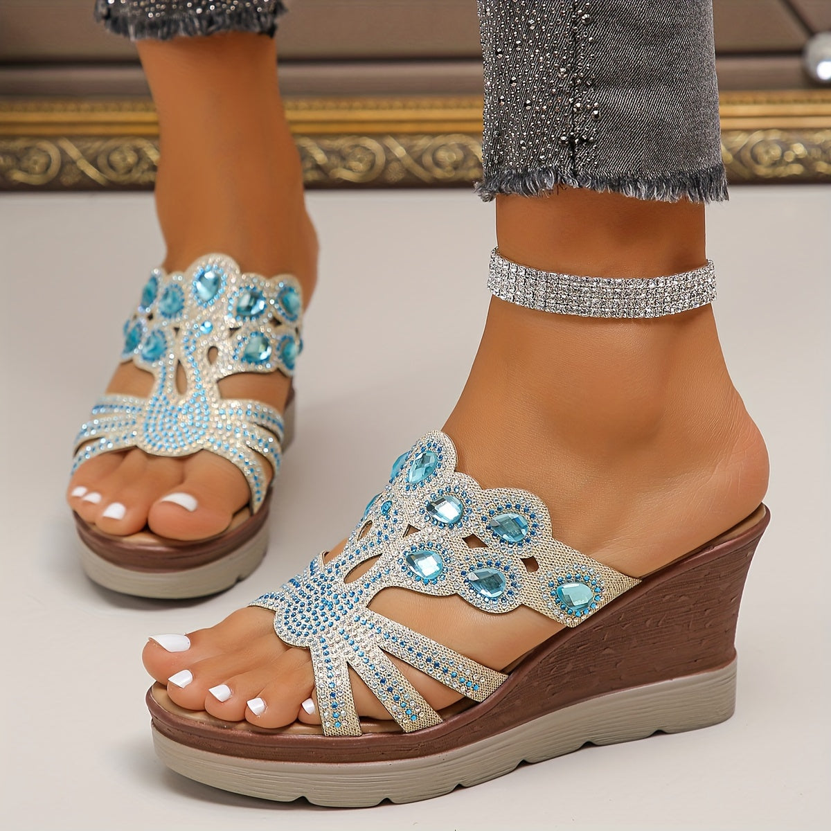 Women's Rhinestone Decor Wedge Sandals, Casual Cutout Design Platform Sandals, Comfortable Summer Shoes