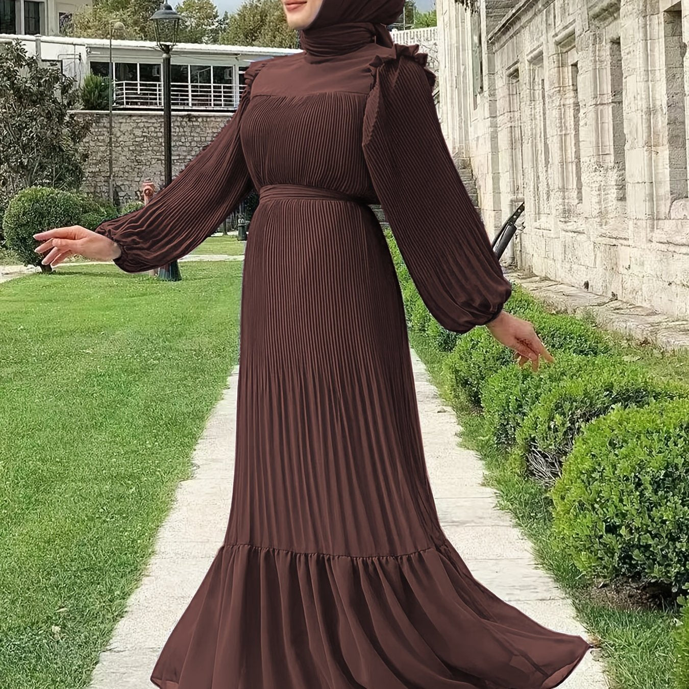 Ramadan Elegant Long Length Kaftan Dress - Polyester Solid Color Belted Maxi Dress with Ruffle Trim, Machine Washable, Casual Wear for All Seasons