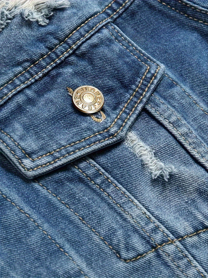 Men's Ripped Denim Jacket with Multiple Pockets, Casual Street Style Denim Jacket