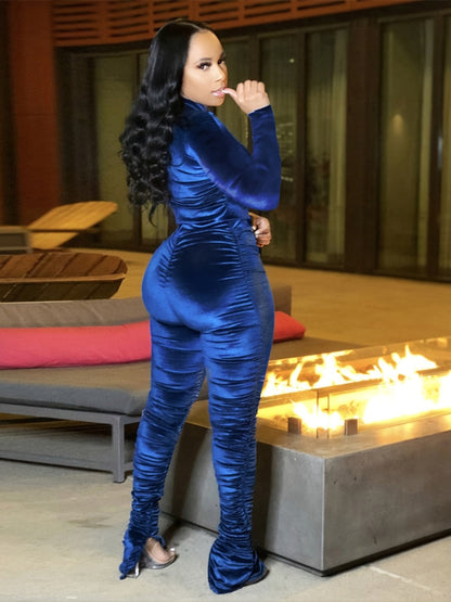 Two-Piece Long Sleeve Crop Top & High Waist Ruched Ruffle Pants Set - Soft Polyester Knit Fabric, Mid Elasticity, Placket Closure, Solid Color - Casual Wear for Women