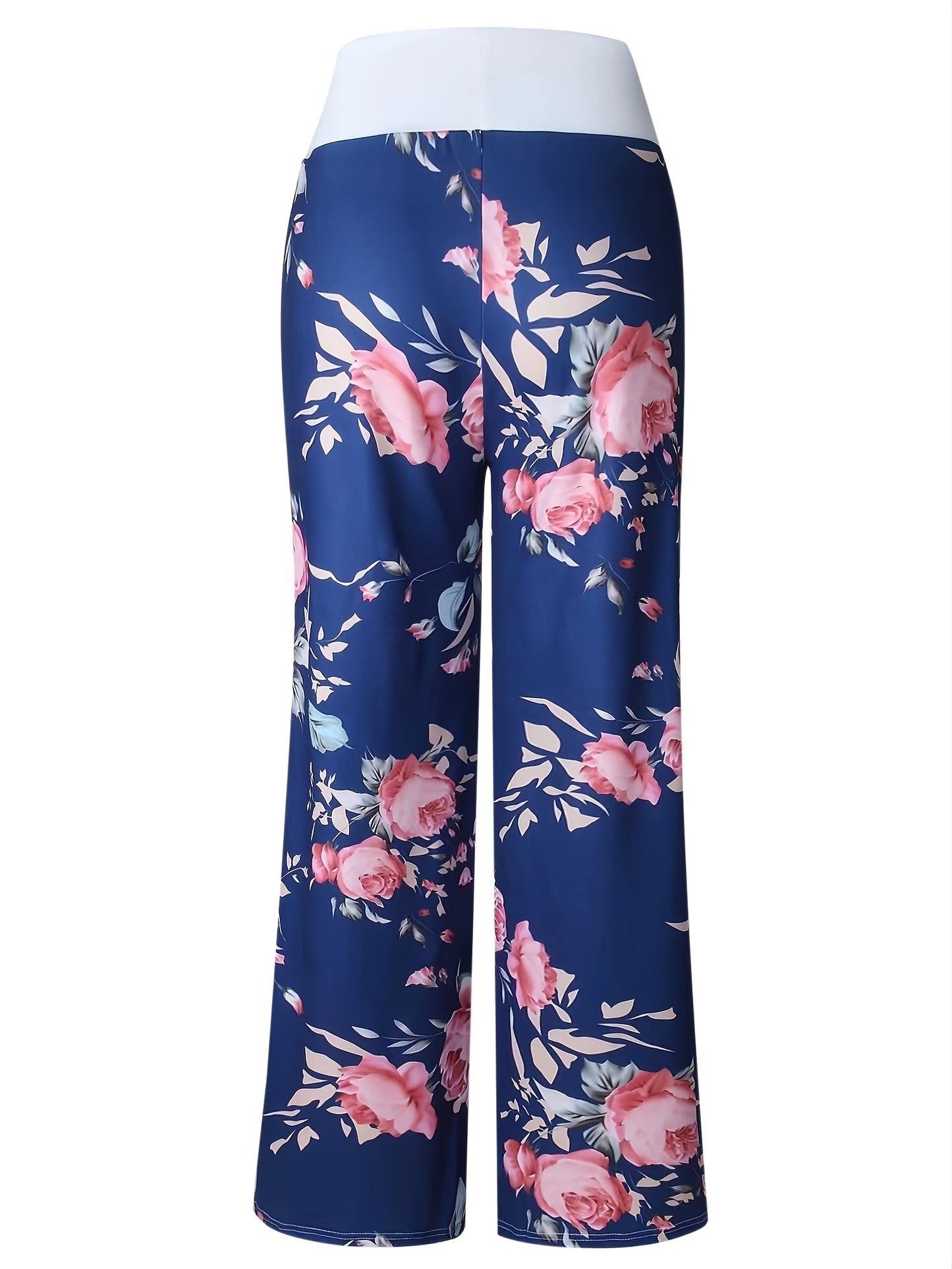 Plus Size Floral Print High Rise Drawstring Long Pants, Women's Plus Slight Stretch Loose Casual Pants