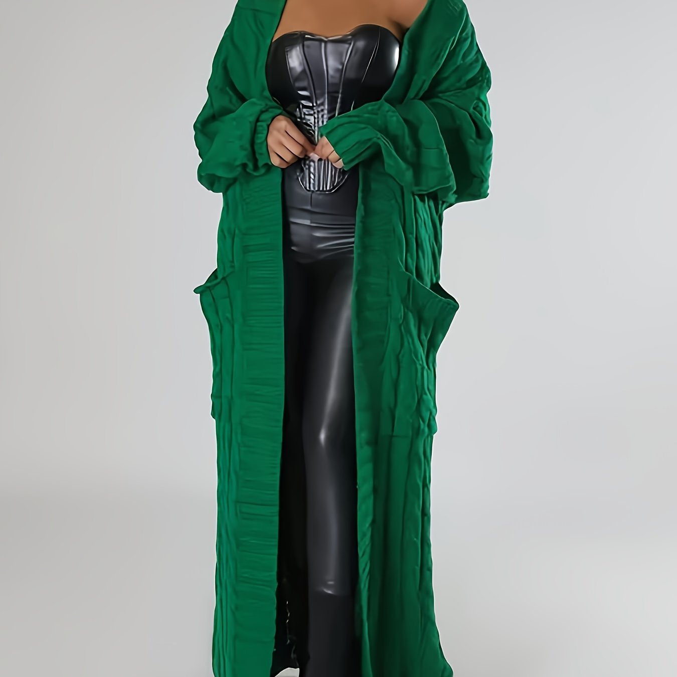 Plus Size Solid Jacquard Longline Cardigan, Women's Plus Medium Stretch Elegant Sweater Cardigan