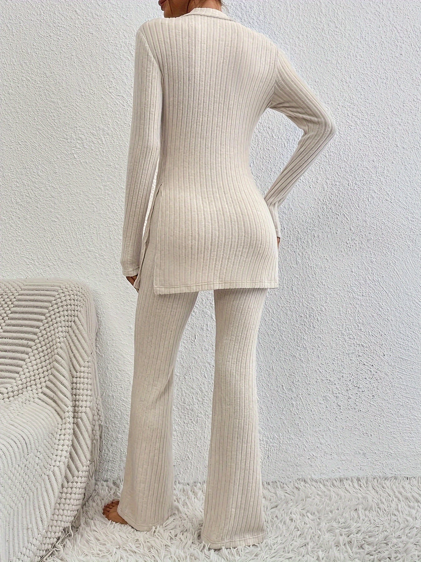 Solid Ribbed Lounge Set, Long Sleeve Side Split Top & Elastic Waistband Pants, Women's Loungewear & Sleepwear