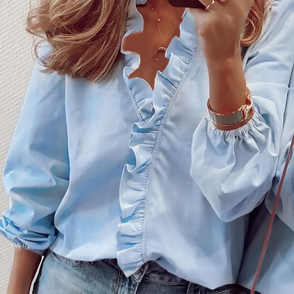 Ruffled Trim V Neck Shirt, Elegant Loose Long Sleeve Shirt, Women's Clothing