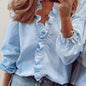 Ruffled Trim V Neck Shirt, Elegant Loose Long Sleeve Shirt, Women's Clothing