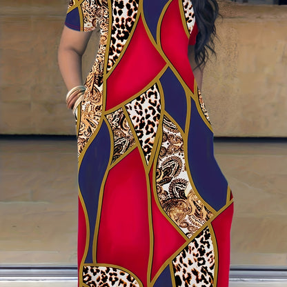 [Tie Dye Maxi Dress] Elegant Plus Size Maxi Dress | Women's Tie Dye Print Short Sleeve with Pocket, Medium Stretch Long Dress