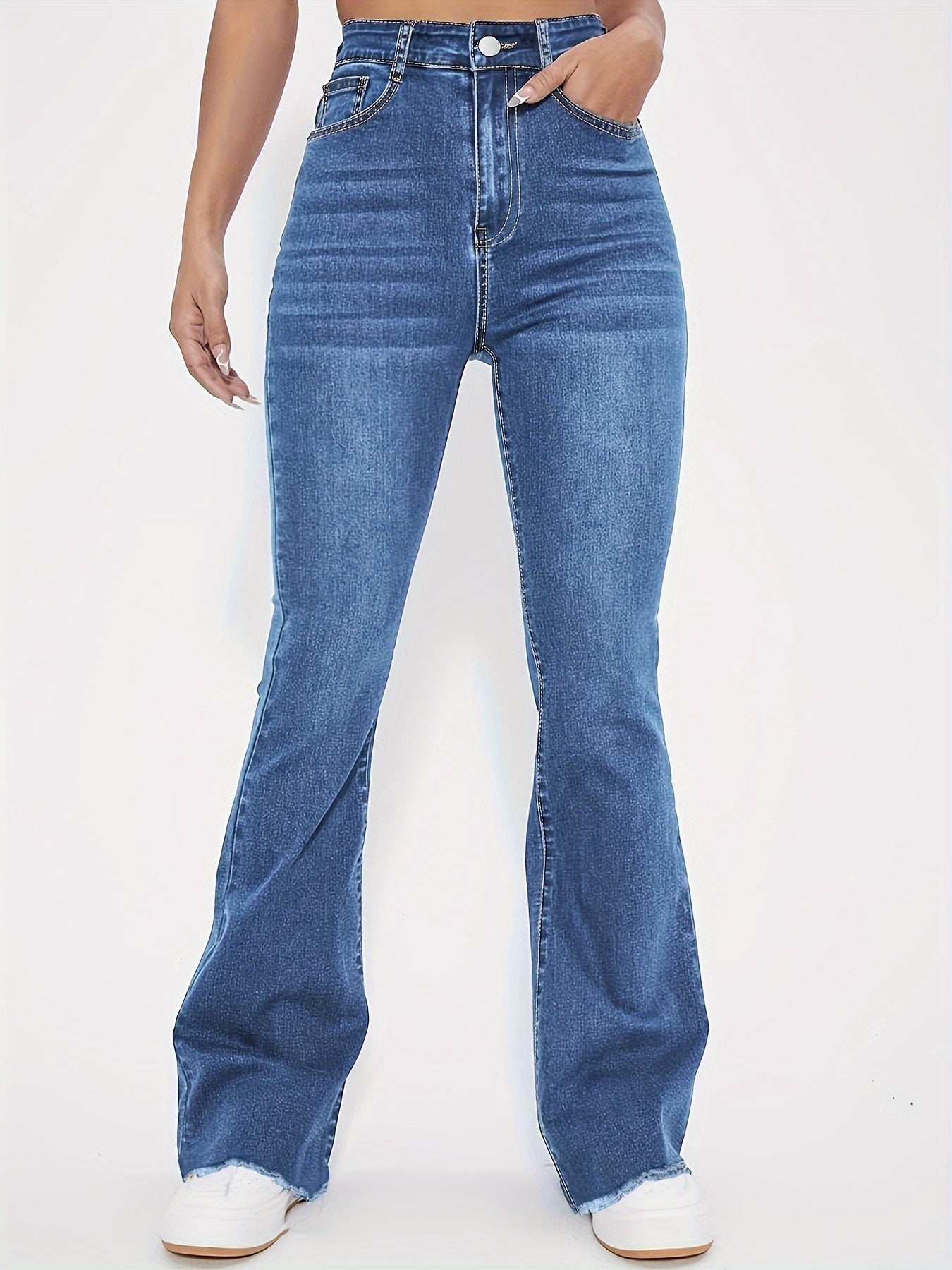 High-Rise Blue Raw Hem Flare Jeans - Slim Fit Bell Bottoms for Women - High-Stretch Denim Clothing with Trendy Style