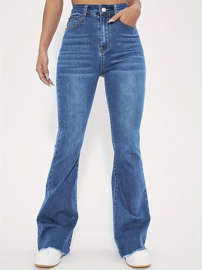 High-Rise Blue Raw Hem Flare Jeans - Slim Fit Bell Bottoms for Women - High-Stretch Denim Clothing with Trendy Style
