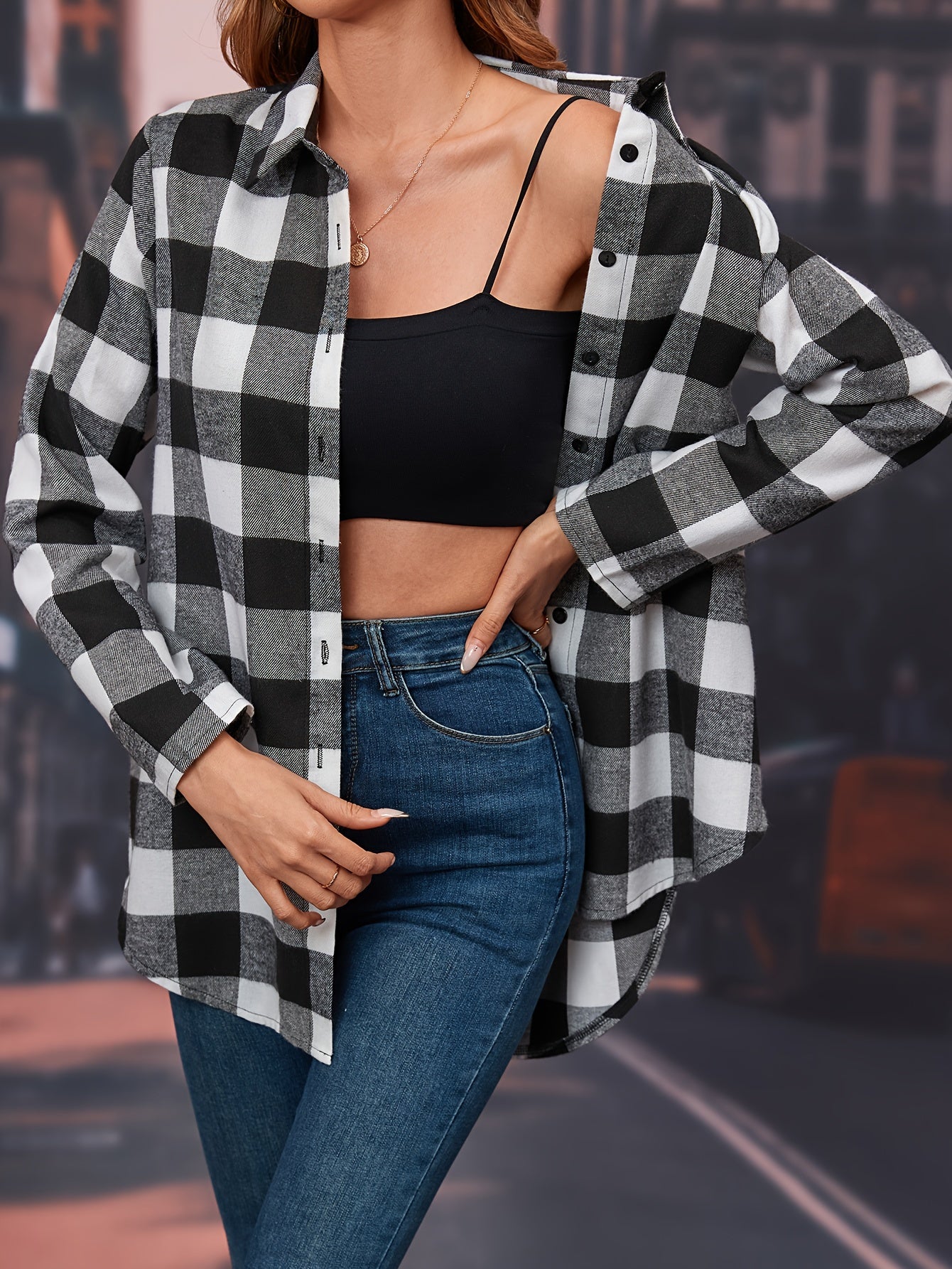 Plaid Print Classic Shirt, Casual Button-Front, Long Sleeve, Women's