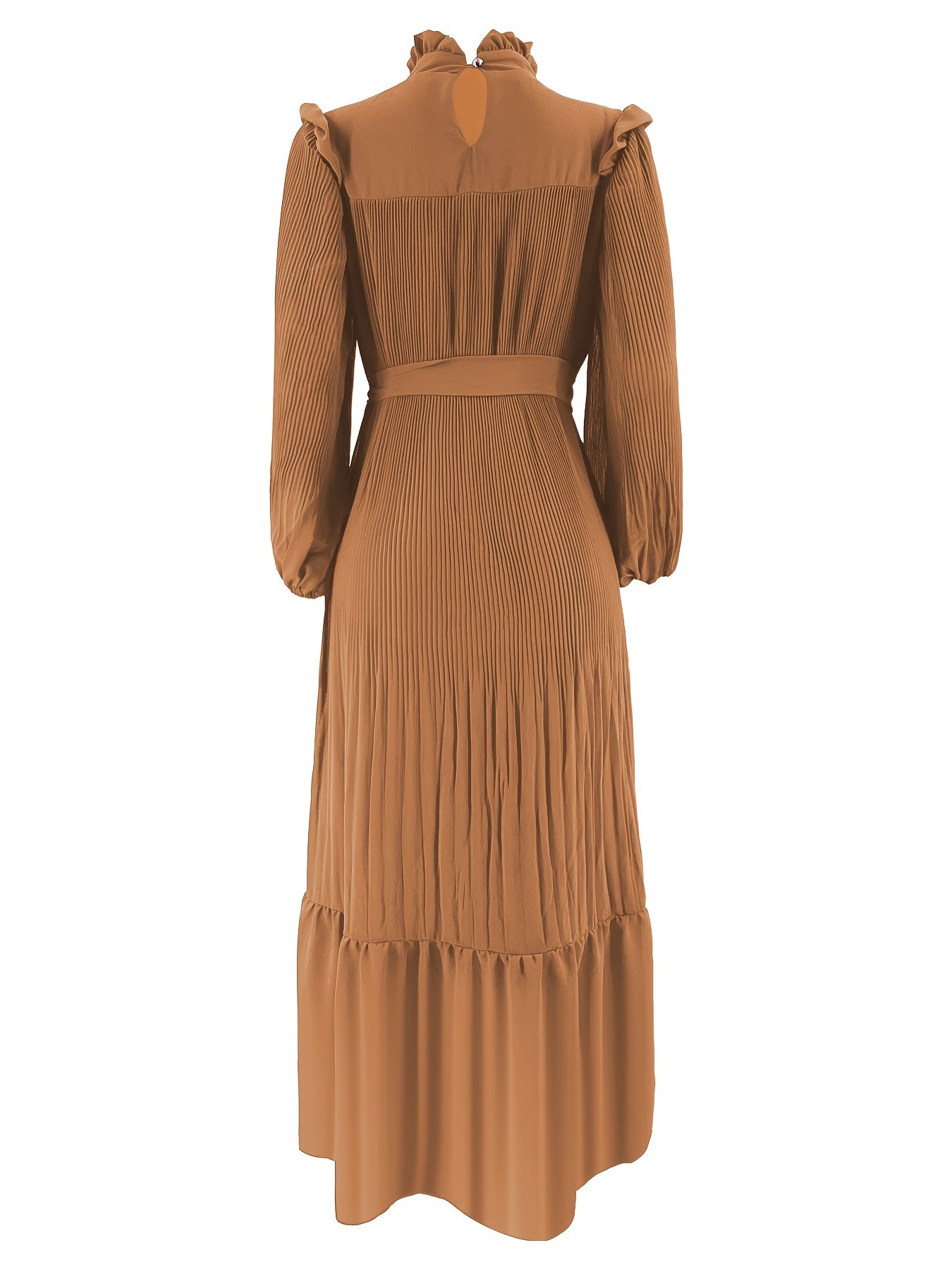 Ramadan Elegant Long Length Kaftan Dress - Polyester Solid Color Belted Maxi Dress with Ruffle Trim, Machine Washable, Casual Wear for All Seasons