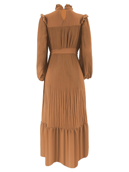 Ramadan Elegant Long Length Kaftan Dress - Polyester Solid Color Belted Maxi Dress with Ruffle Trim, Machine Washable, Casual Wear for All Seasons