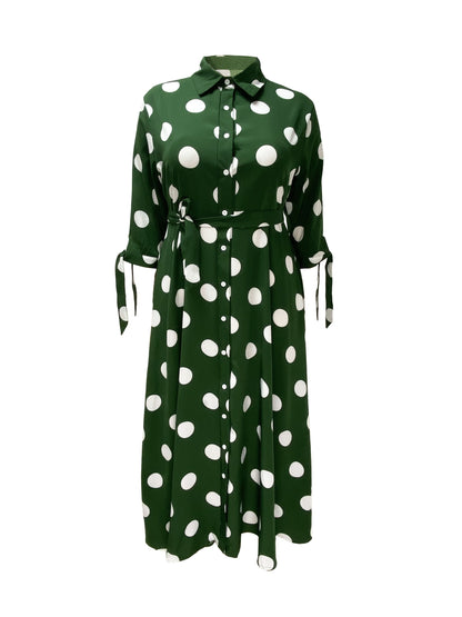 Elegant Plus Size Polka Dots Print Maxi Dress - Women's Button Up Collared Belted