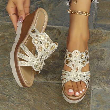 Women's Rhinestone Decor Wedge Sandals, Casual Cutout Design Platform Sandals, Comfortable Summer Shoes