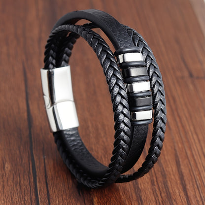 Men's Magnetic Clasp Faux Leather Woven Multilayer Bracelet - Golden-Tone Accents, Minimalist Modern Design for Casual & Formal Wear
