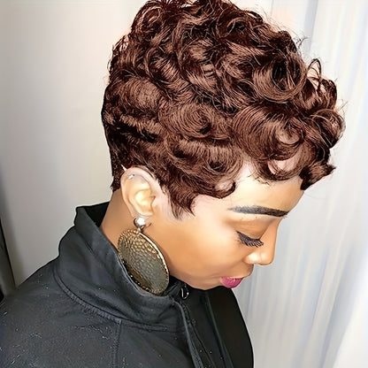 Flattering Short Curly Pixie Wig with Versatile Bangs - Lustrous Synthetic Hair, Easy for Beginners, Heat Resistant and Durable