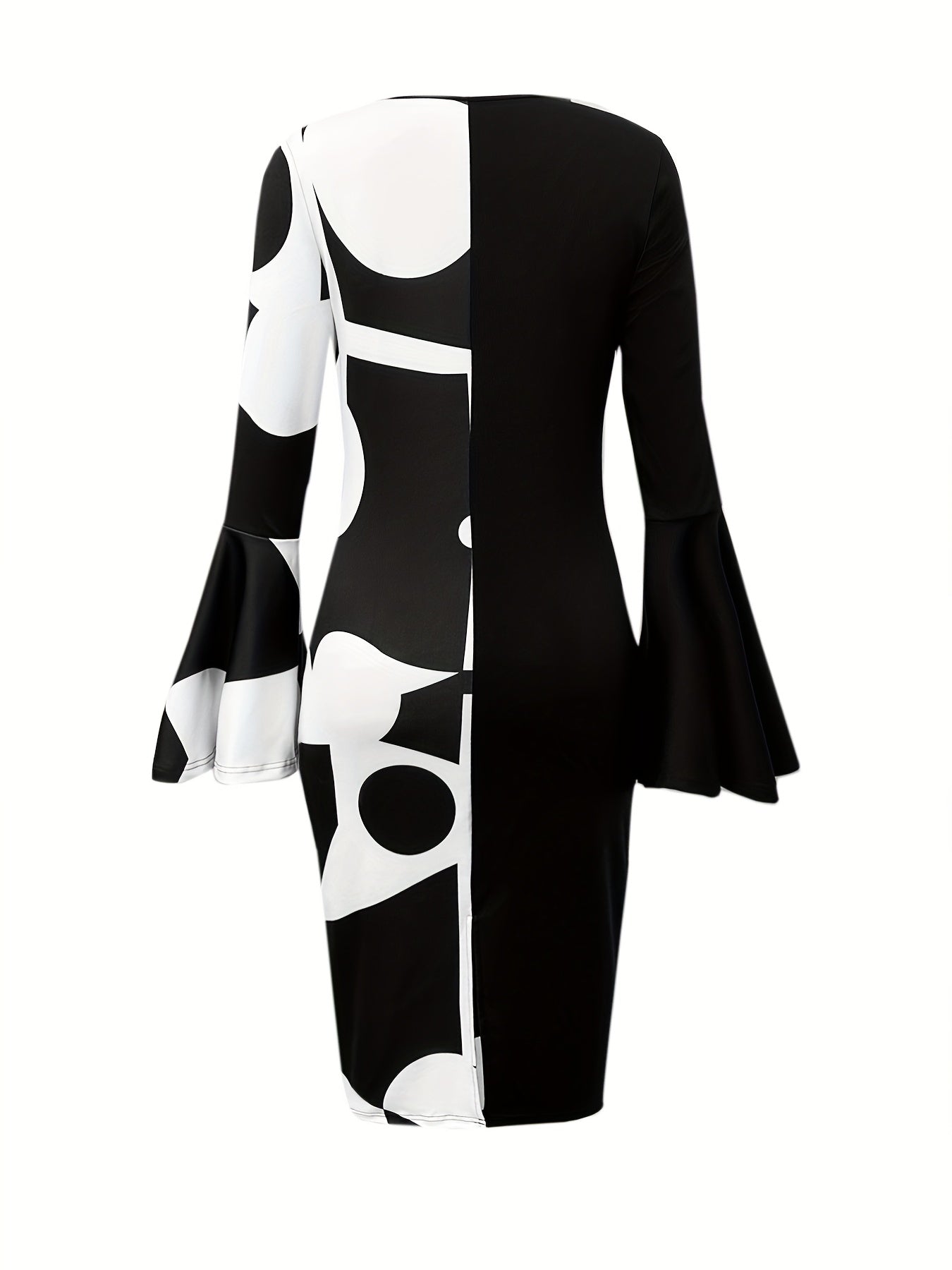 [Geo Print Bodycon Dress] Elegant Geo Print Flared Sleeve Dress - Crew Neck Bodycon Dress for Spring & Fall - Women's Clothing