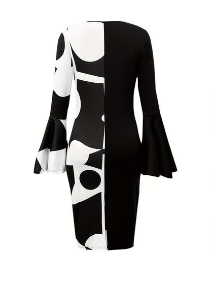 [Geo Print Bodycon Dress] Elegant Geo Print Flared Sleeve Dress - Crew Neck Bodycon Dress for Spring & Fall - Women's Clothing