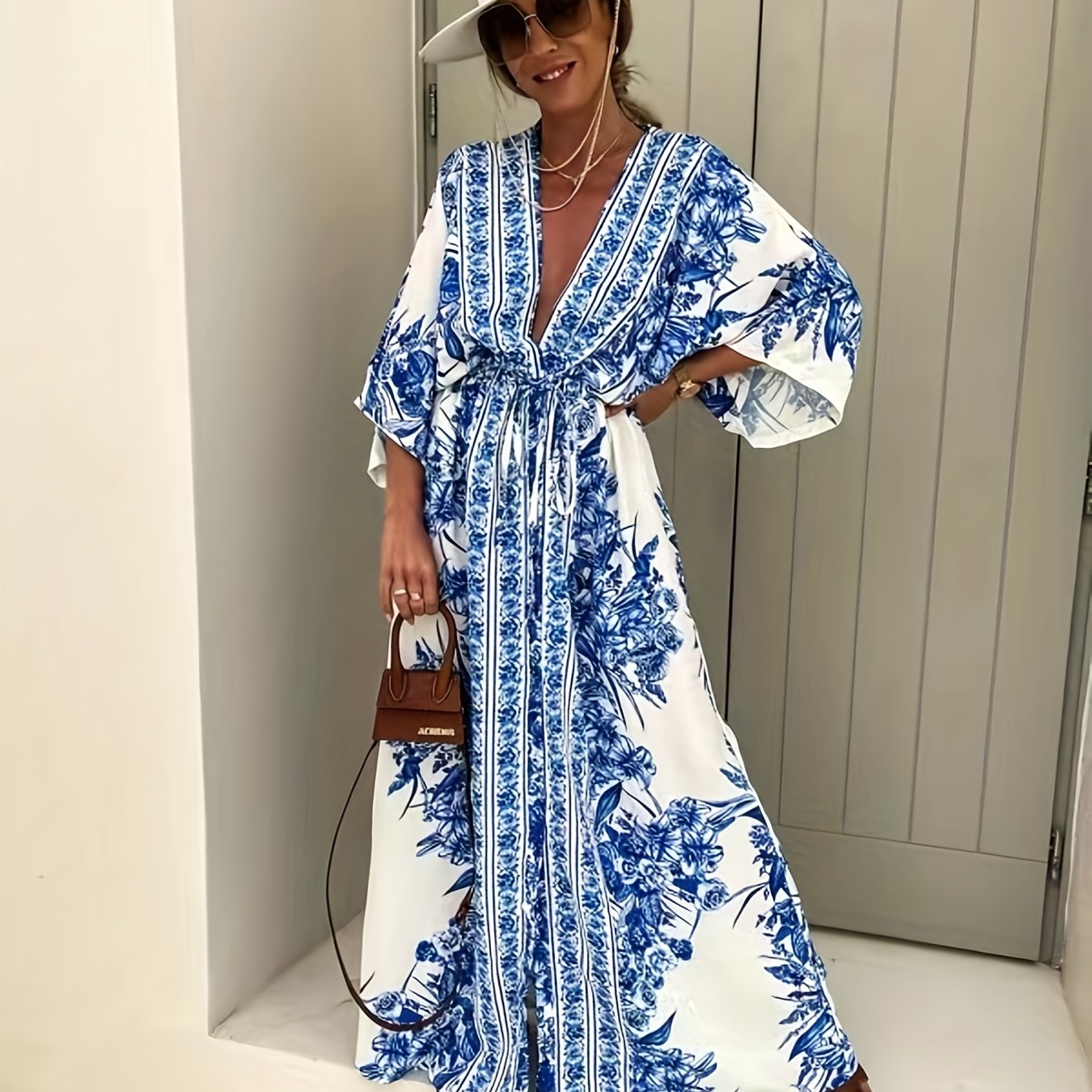 Romantic Floral Print V-Neck Split Dress - Chic Bracelet Sleeves, Loose Fit for Resort Style - Womens Vacation Wardrobe Essential