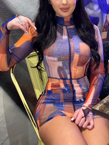 Geo Print Bodycon Dress, Casual Mock Neck Long Sleeve Dress, Women's Clothing For Party Dressing