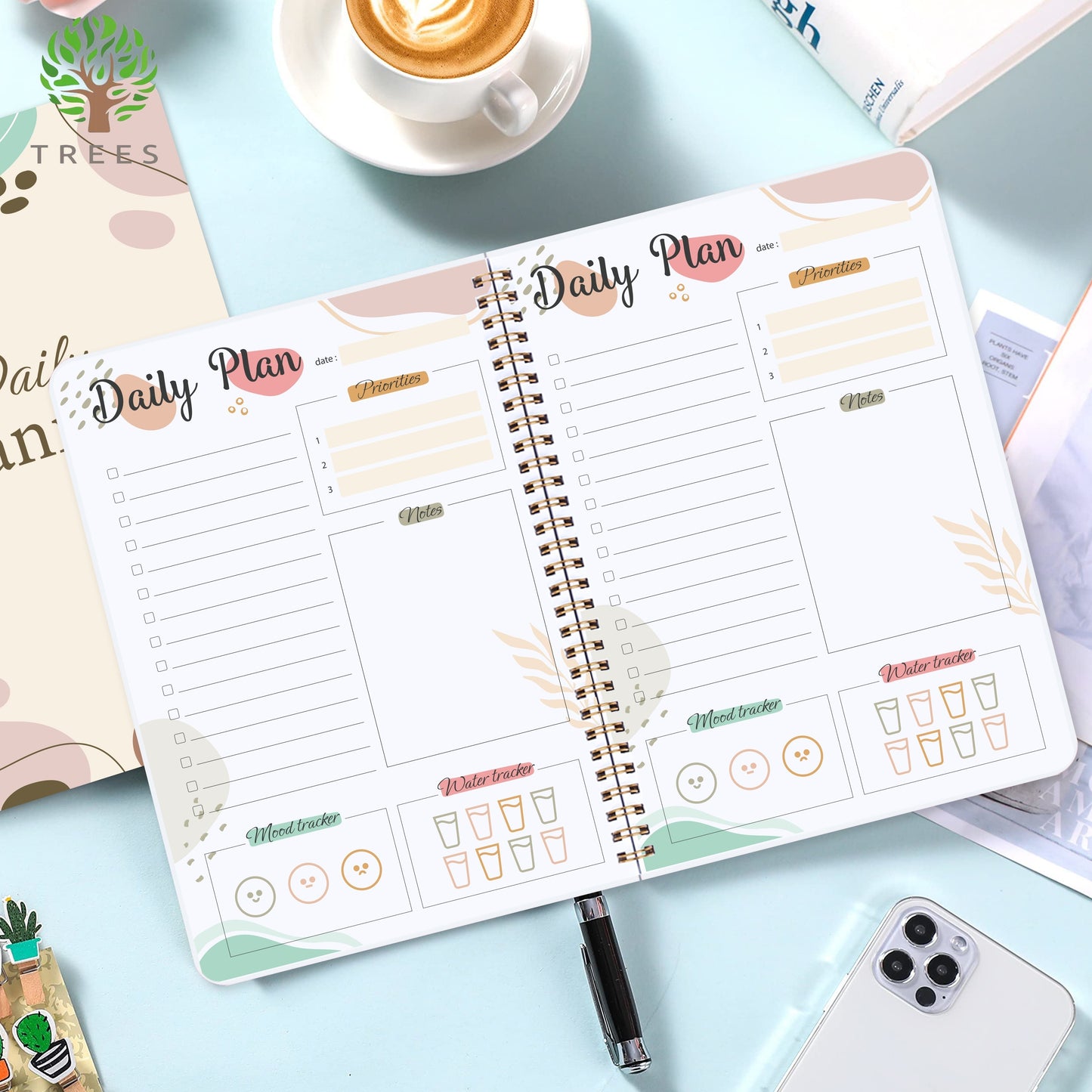 1pc Undated Daily Planner Notebook - Planning Pads with Priorities, Notes, Mood & Water Tracker, To-Do List, and 52 Sheets of 8*5.5 Space for Customized Organization and Goal Setting
