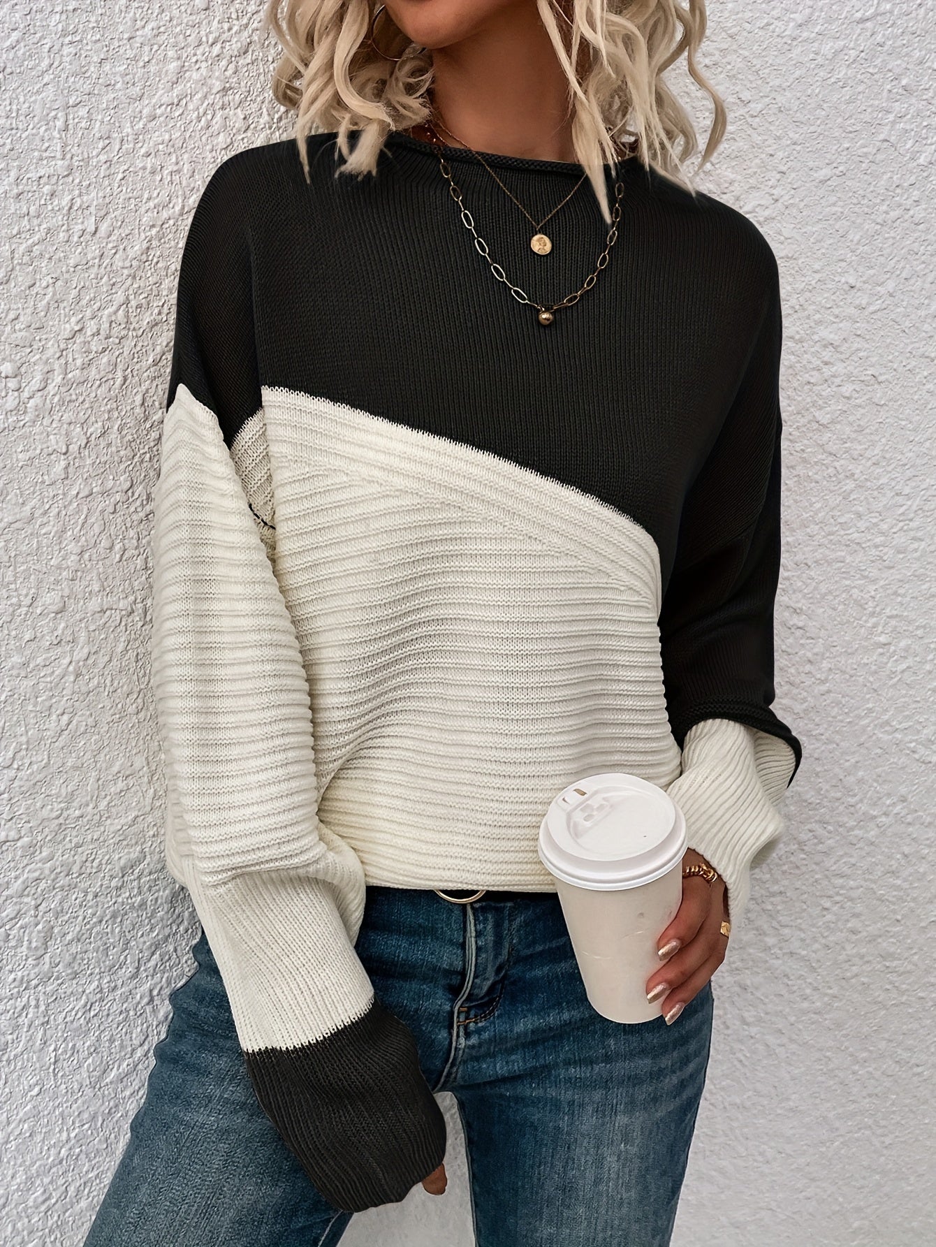 Color Block Loose Pullover Sweater, Elegant Long Sleeve Drop Shoulder Sweater, Women's Clothing