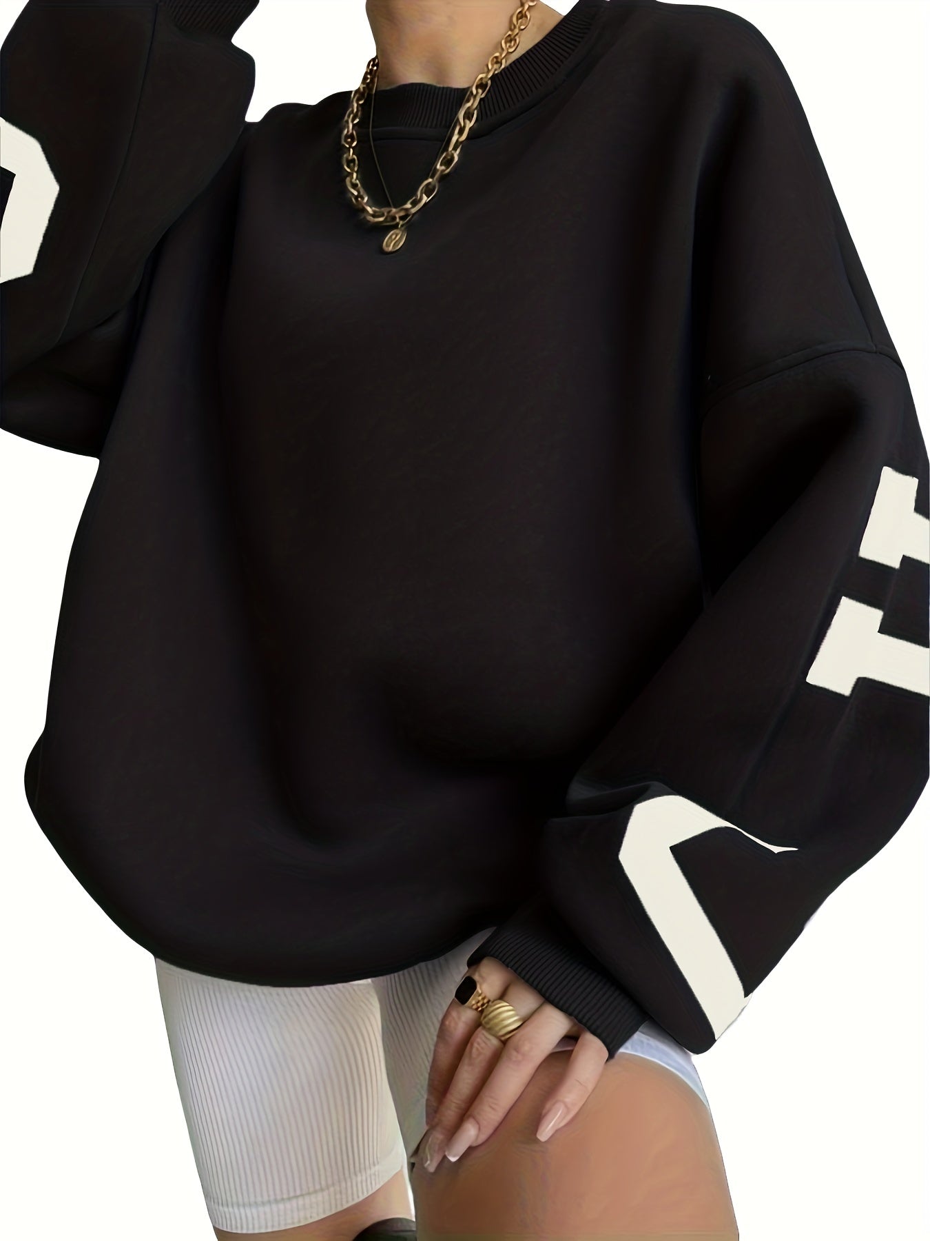 Plus Size Casual Top, Women's Plus Letter Print Drop Shoulder Long Sleeve Round Neck Sweatshirt