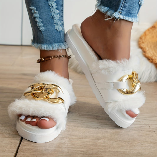Cozy Womens Metal Decor Platform Slippers - Soft Fabric Insole, Plush Faux Fur Lining, Synthetic Leather Upper, Comfortable Slip-On Design, All-Season Wear, Solid Color, Microfiber Sole