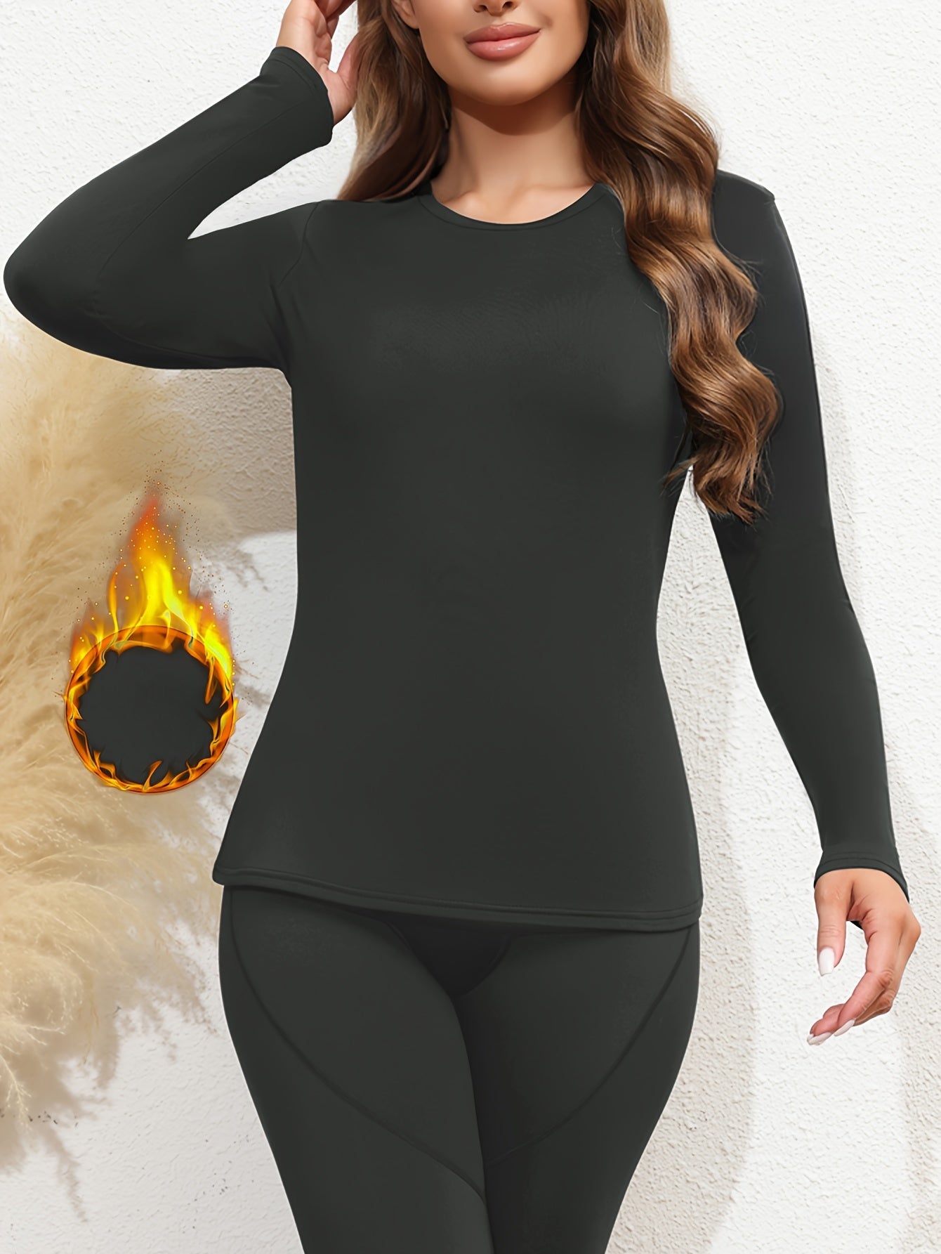 Women's Thermal Long Sleeve Crew Neck Shirt, Solid Color Bottoming Tops, Women's Clothing