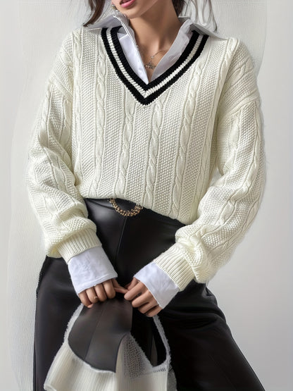 V Neck Cable Knit Pullover Sweater, Casual Long Sleeve Drop Shoulder Sweater, Women's Clothing