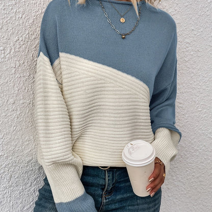 Color Block Loose Pullover Sweater, Elegant Long Sleeve Drop Shoulder Sweater, Women's Clothing