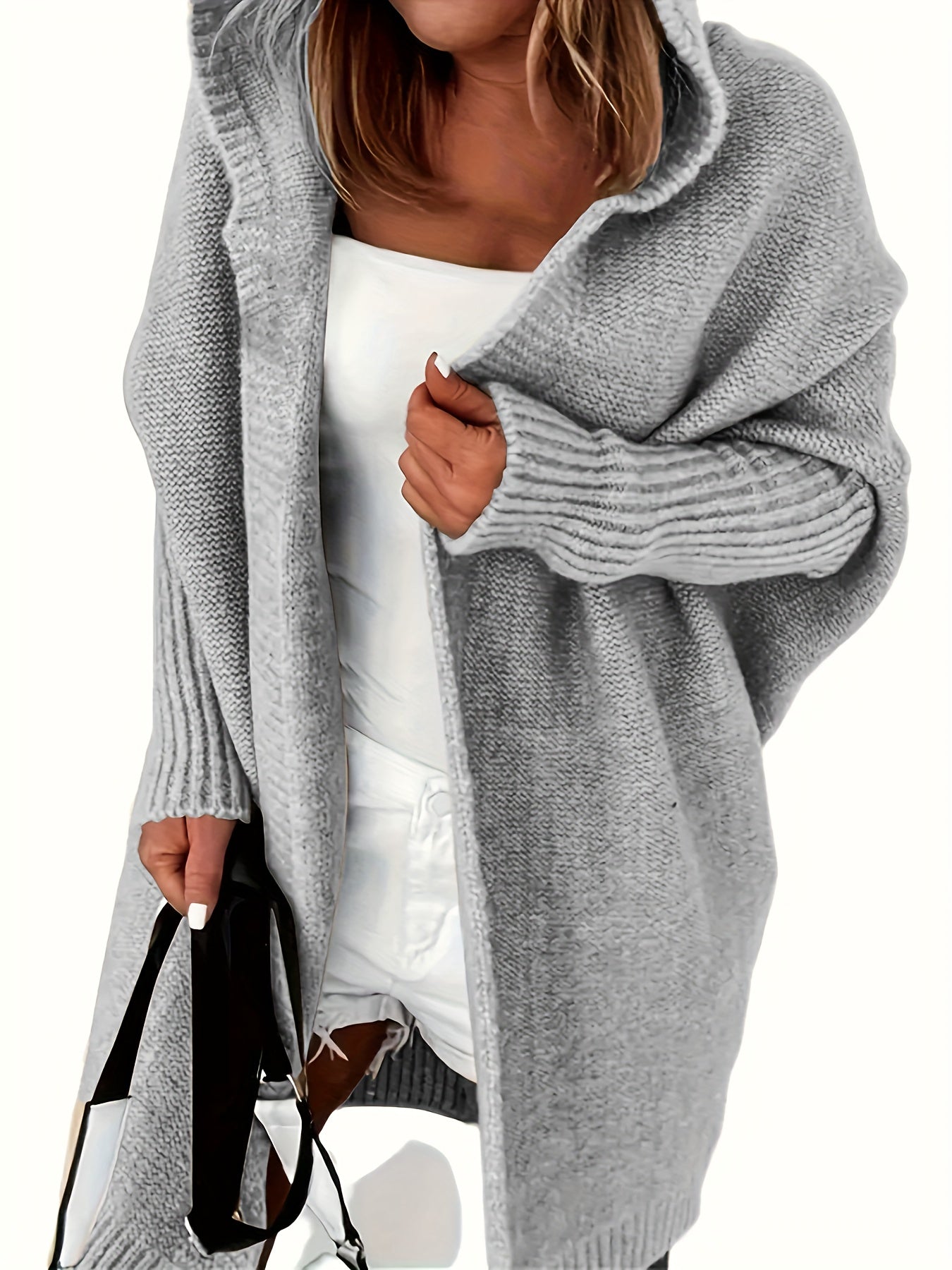 Plus Size Casual Cardigan, Women's Plus Solid Stitching Long Sleeve Hooded Open Front Slight Stretch Sweater Cardigan