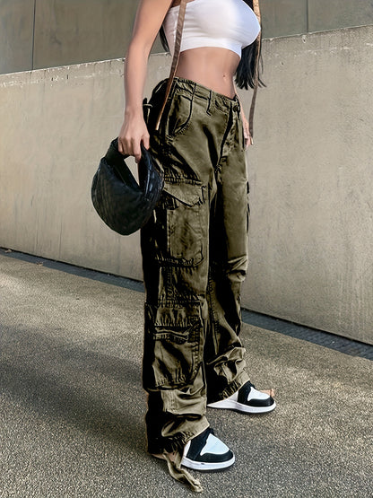 Black Flap Pockets Straight Jeans, Loose Fit Non-Stretch High Waist Cargo Pants, Y2K & Kpop Style, Women's Denim Jeans & Clothing