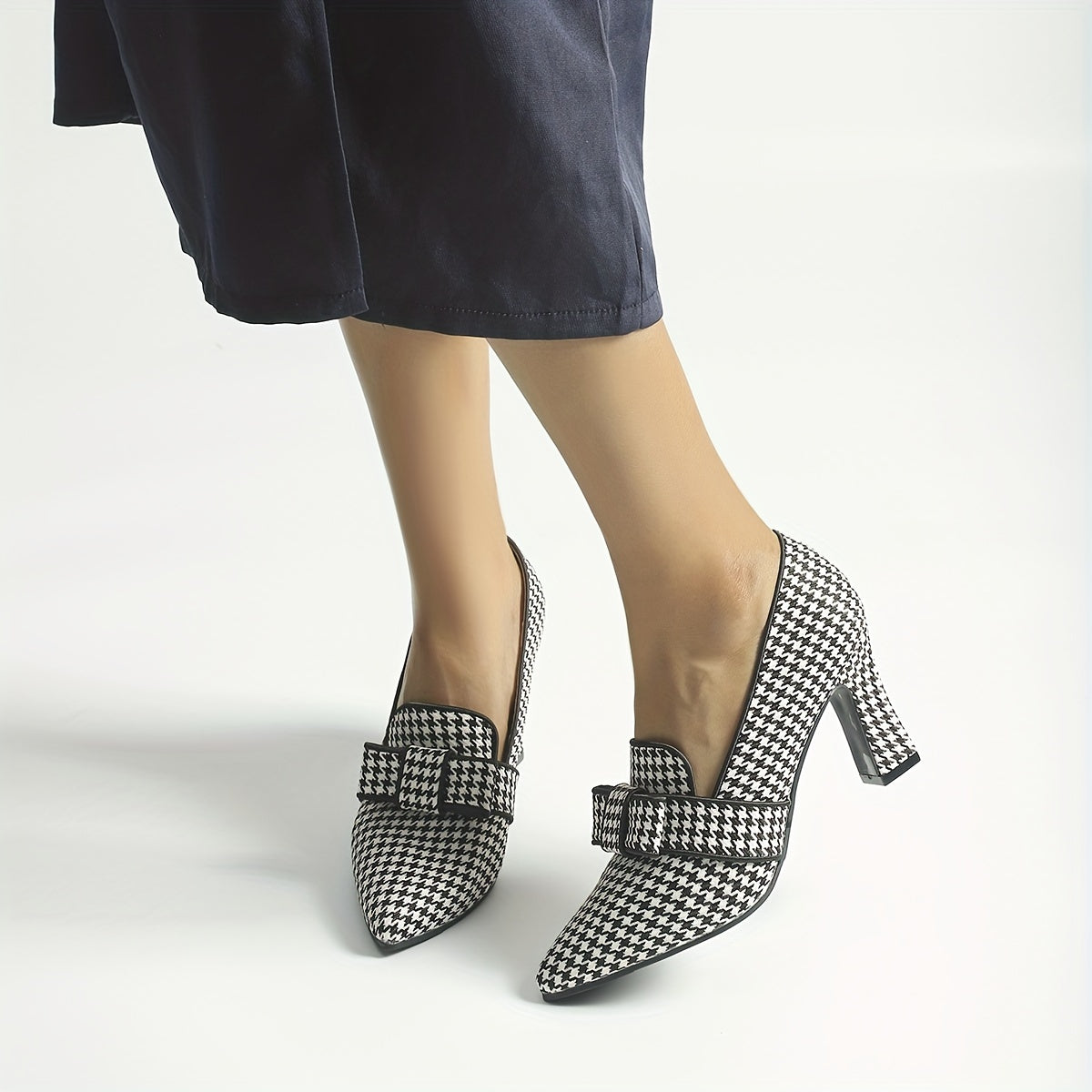 Women's High Heel Single Shoes with Deep Mouth Houndstooth Pattern