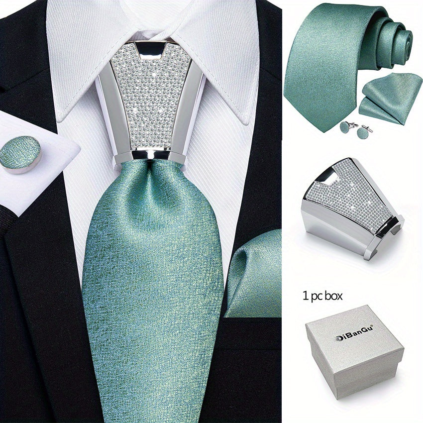 [For Business Silvery Necktie Set] Men's Necktie Silvery Ring & Handkerchief & Cufflinks Set For Business Accessories With Gift Box