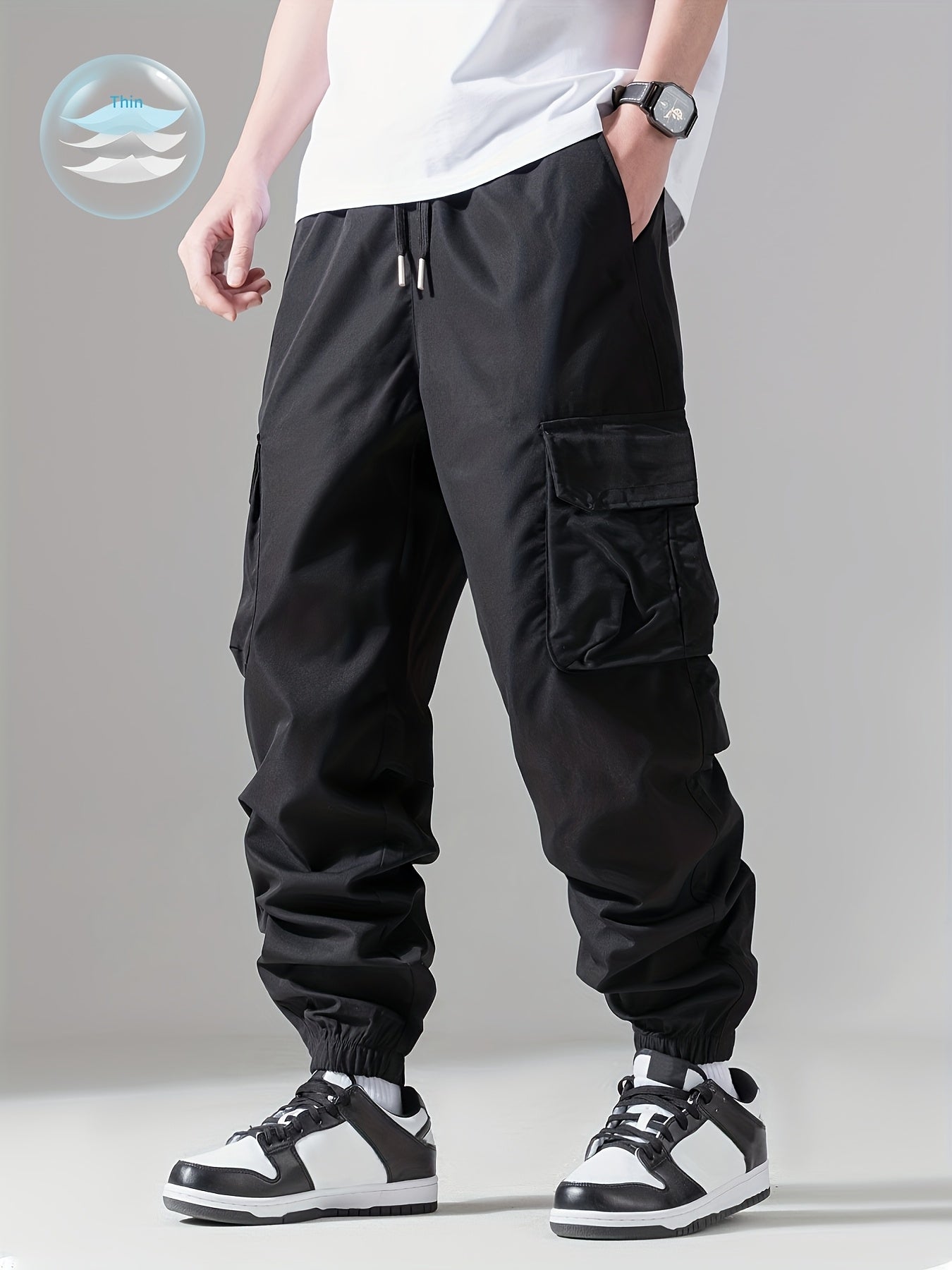 Mens Comfortable Loose Fit Cargo Joggers - Stylish Multi-pocket Drawstring Pants with Adjustable Waist - Perfect for Spring, Fall Outdoor Adventures