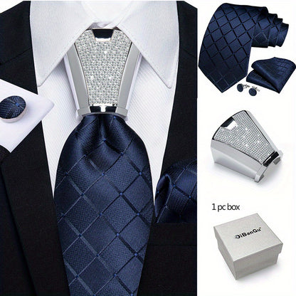[For Business Silvery Necktie Set] Men's Necktie Silvery Ring & Handkerchief & Cufflinks Set For Business Accessories With Gift Box
