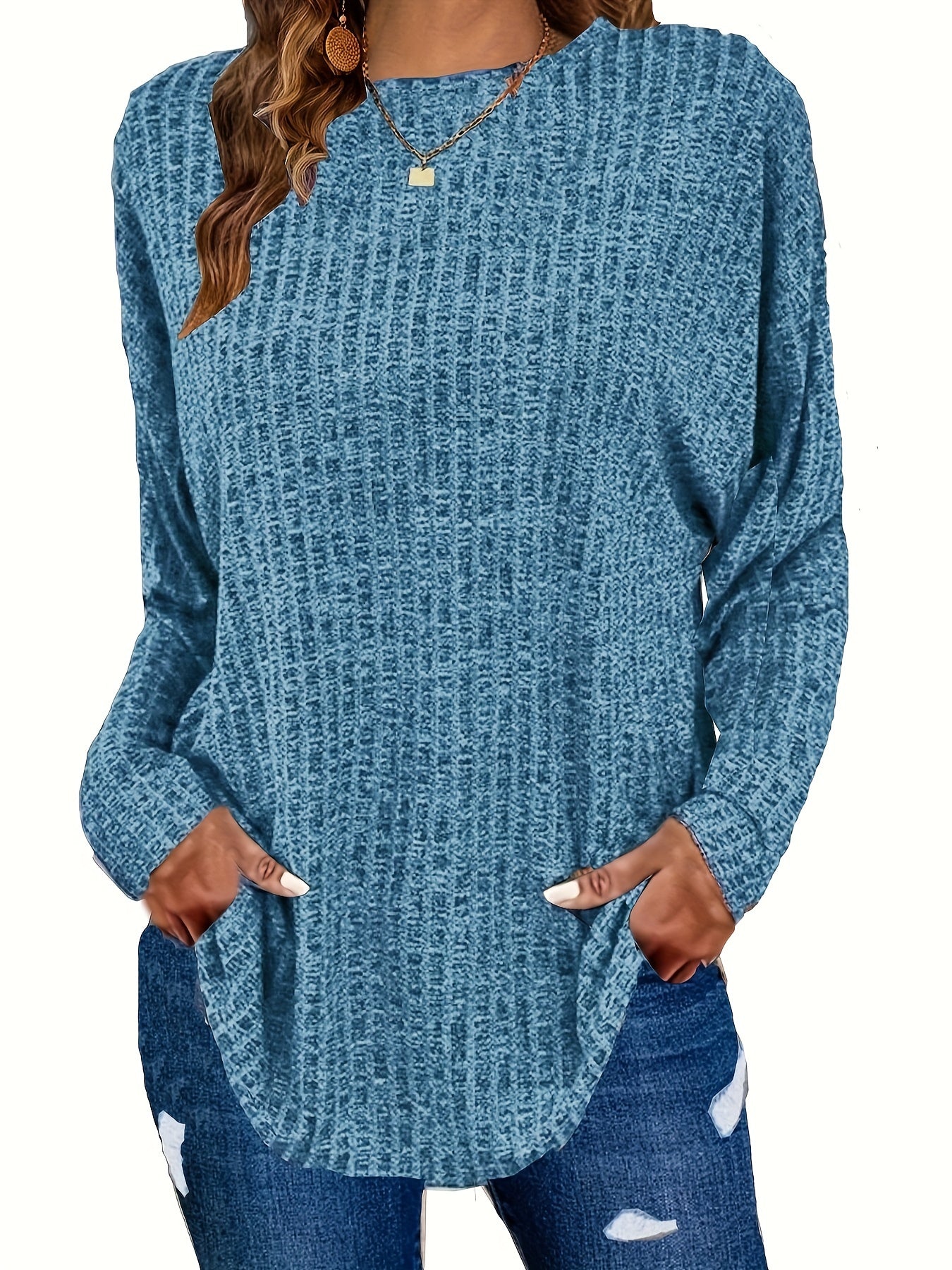 Plus Size Casual Sweater, Women's Plus Solid Ribbed Long Sleeve Round Neck Knit Top