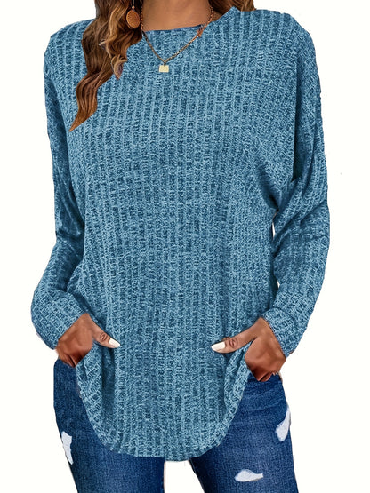 Plus Size Casual Sweater, Women's Plus Solid Ribbed Long Sleeve Round Neck Knit Top