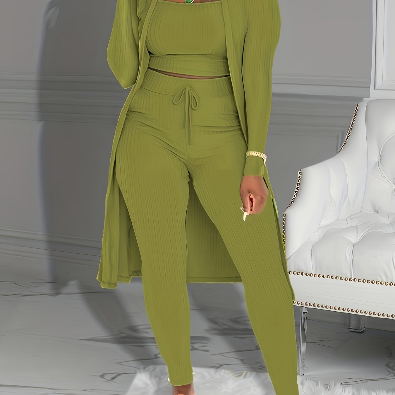 Casual Ribbed 3pcs Set, Crop Tank Top + High Waist Drawstring Pants + Longline Cardigan Outfits, Women's Clothing